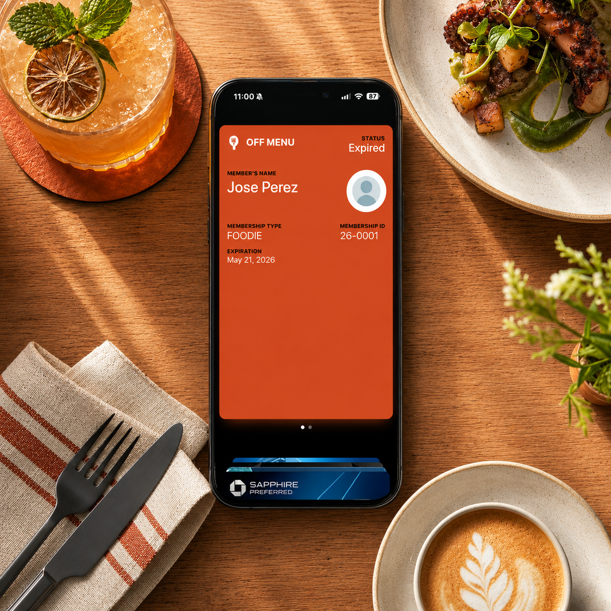 Tarjeta OFF MENU en el wallet de un iPhone